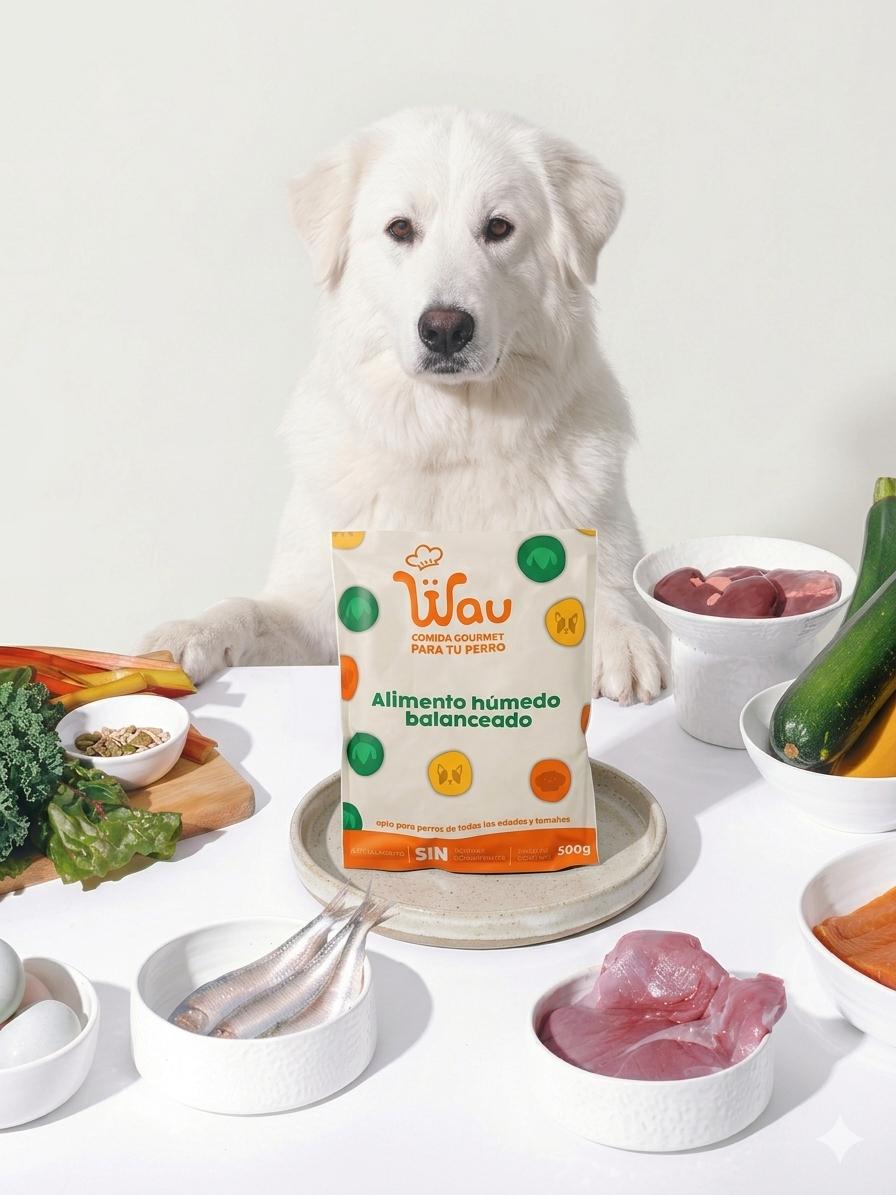 Perro con bowls de comida fresca natural